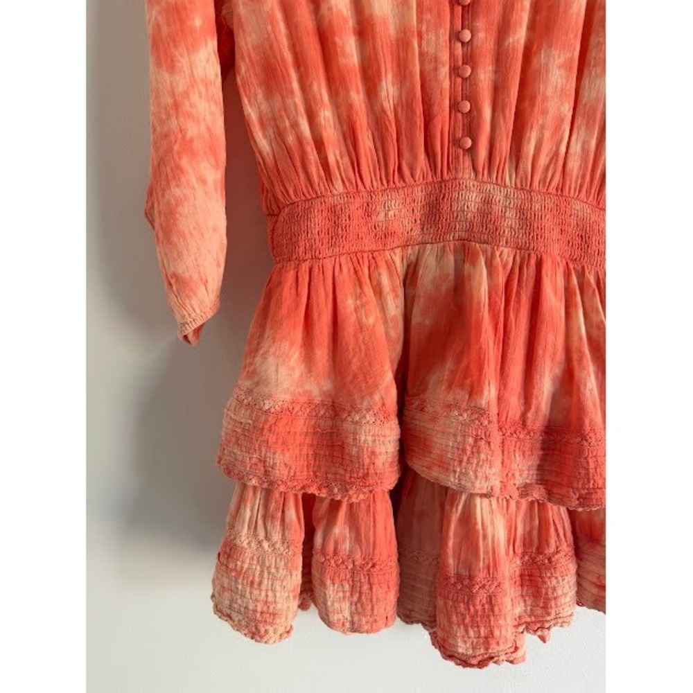 Boho Tie Dye Aerie Smocked Ruffle Mini Dress Womens Medium Coral - Picture 7 of 10